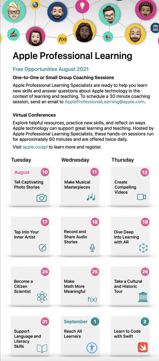 Fun August line up of free Apple Professional Learning Virtual Conferences and Coaching Sessions! Visit apple.co/apl to learn more and register. All are welcome and I hope to see you there!