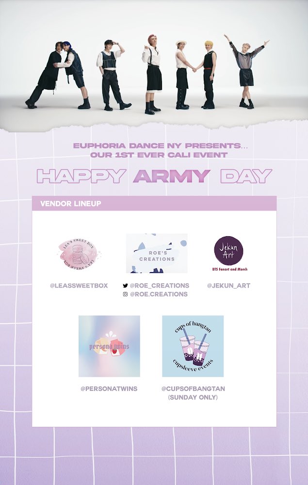 EuphoriaDanceNY's tweet photo. Introducing our vendor friends for Happy ARMY Day! 🎉✨

✨@LeasSweetBox 
✨@roe_creations  
✨@jekun_art
✨@personatwins 
✨@CupsofBangtan 

Stop by @/misscheesecafe this weekend for some boba &amp; check out all the goodies we’ll have in store!🎉

See yah there ARMYs💜

#BTSARMY https://t.co/qeeXl2ngrK