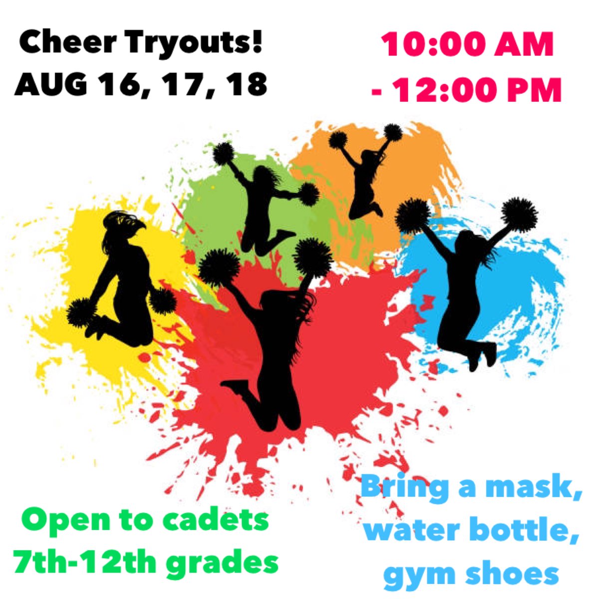 MLABulldogs's tweet photo. Cheer Try Outs. AUG 16,17,18 from 10AM-12PM.  Bring a mask, water bottle and gym shoes.  Open to all MLA cadets OORAH! https://t.co/3JOnBWngJN