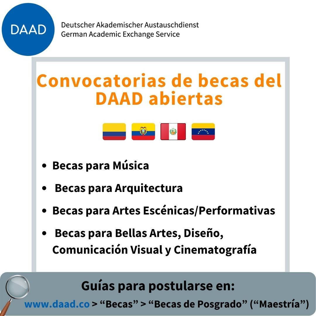 AepeaE's tweet photo. 📌Les informamos que están abiertas 4 convocatorias de becas del DAAD para disciplinas artísticas.
⚠️Es indispensable leer en detalle la Guía para postularse a la respectiva convocatoria de interés. disponibles en https://t.co/8Vaoo9I1pc.
#sihaybecas #DAAD #studyingerman #art https://t.co/IEKPyY2Db9
