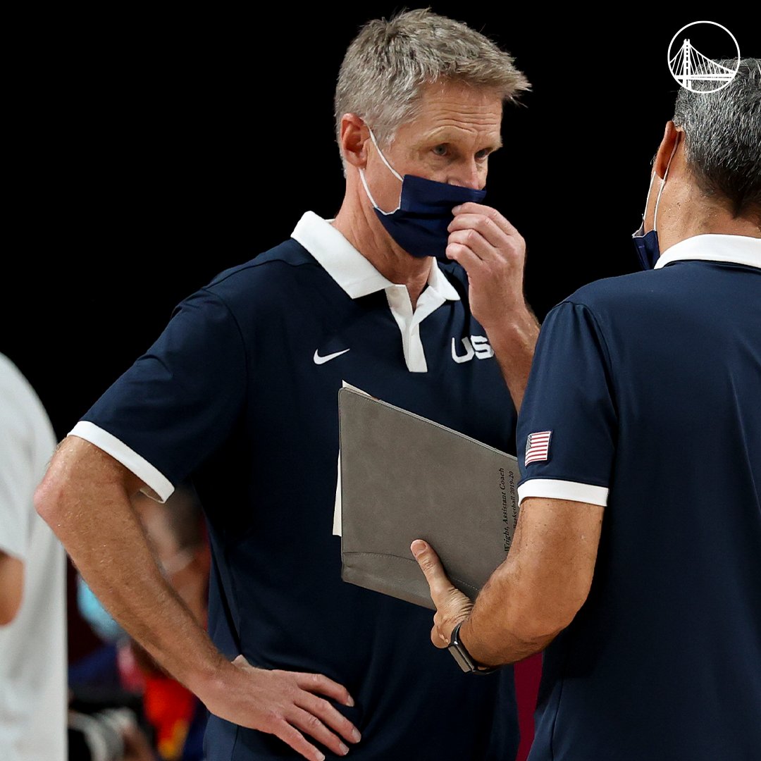 warriors's tweet photo. Tomorrow: Draymond and Coach Kerr go for Gold 🥇