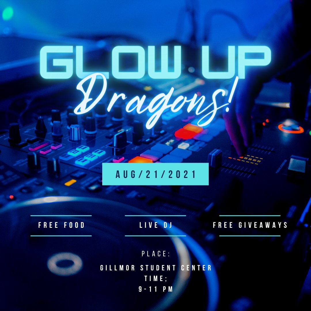TUEngage's tweet photo. On Saturday August 21st at 9 pm we will kick off out Glow Up Dragons Event! Live DJ, glow in the dark paint selfie sessions, free food, 80s themed games, and giveaways! https://t.co/C5q1cd0D8F