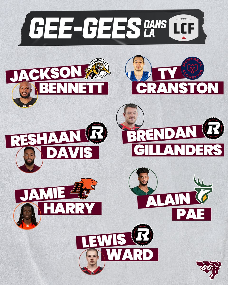 GeeGeesFootball's tweet photo. C’est le début de la saison dans la #LCF ! 🏈

Nous souhaitons la meilleure des chances aux anciens Gee-Gees qui font partie de la grande ligue cette année.

La #GGnation est derrière vous! 🐎 https://t.co/616JeTaBPA