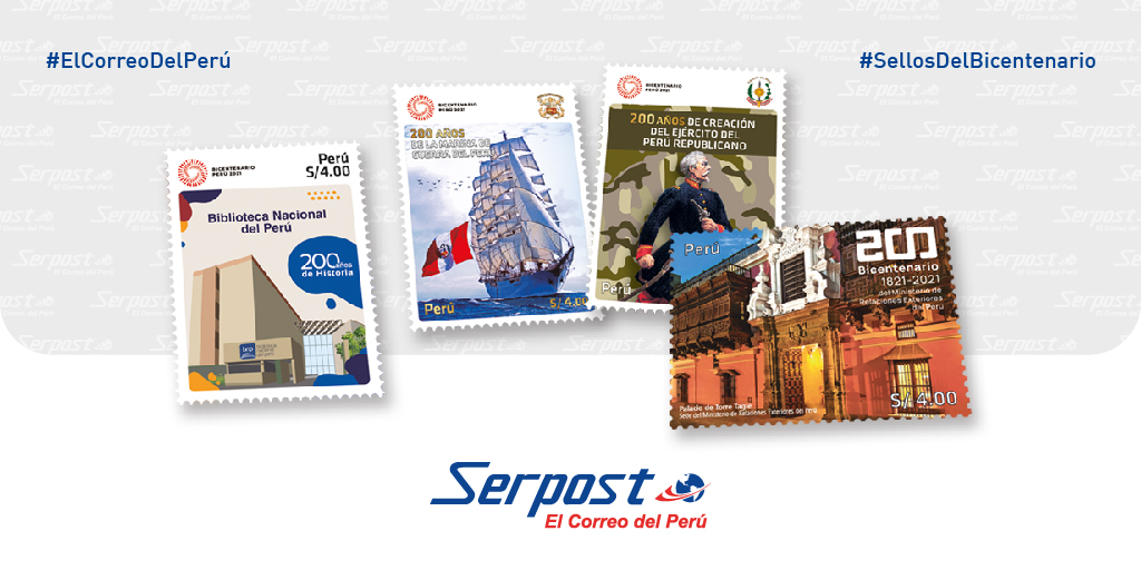 SerpostPe's tweet photo. Serpost se une a la celebración por el Bicentenario con la emisión de 33 diseños alusivos a esta fecha. Dentro de la serie homenajeamos instituciones que también cumplen 200 años: @naval_peru, @CancilleriaPeru,  @BibliotecaPeru y @EjercitoPeru
¡Feliz Bicentenario! https://t.co/3YAvnx13zo