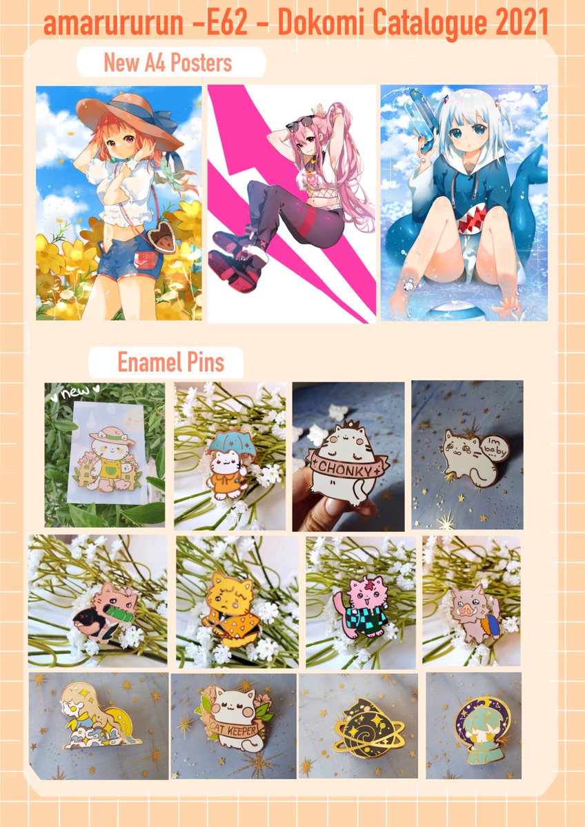 [RT appreciated 🧡] My catalogue for #dokomi2021 ♡ 
Of course, there's more merch than these pictures show, so I'd be happy if you stopped by and said hi!! See you in Düsseldorf, artist alley booth E62! 🌿✨ 