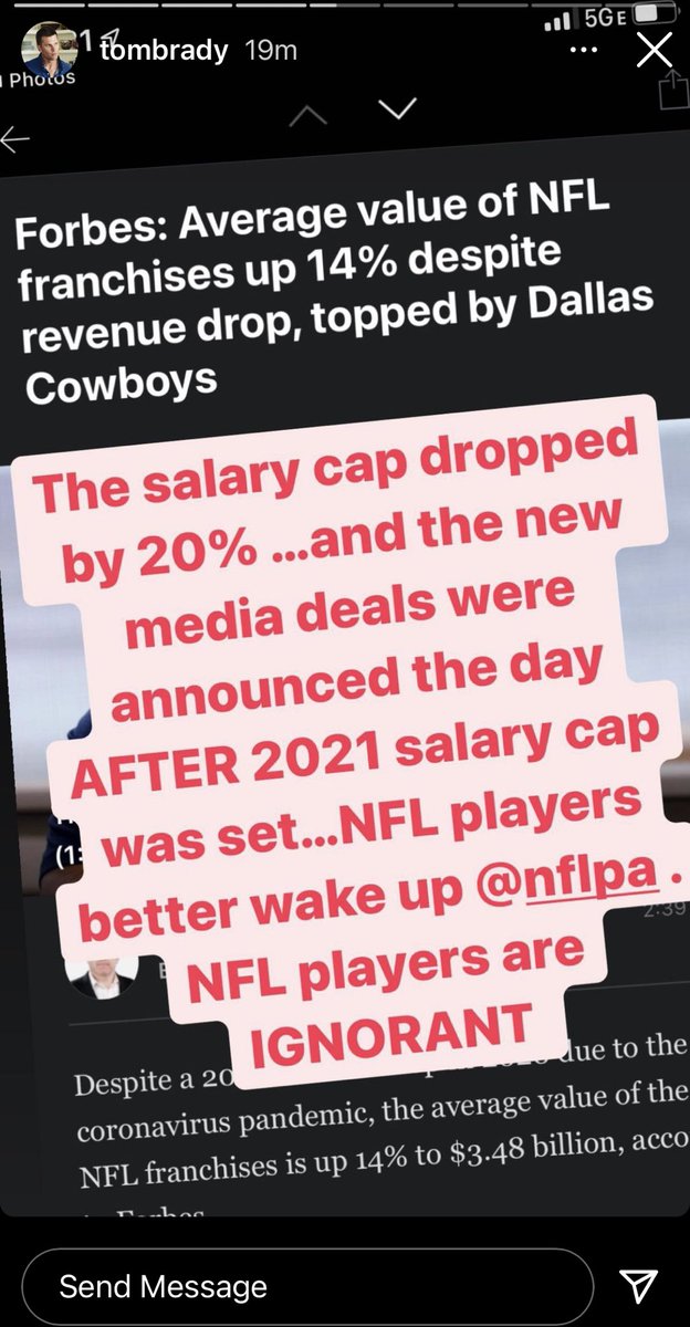 NFLSTROUD's tweet photo. Tom Brady says NFL players are “ignorant,” after seeing the franchise revenues and values rise while the salary cap fell 20 percent. https://t.co/haeRUHv9Ch