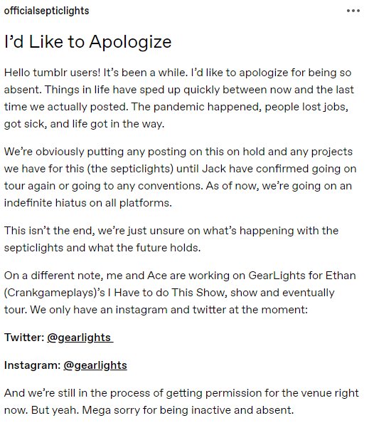 SepticLights's tweet photo. Hey all. Very sorry to have been so absent. Small update on the future of this account (not just Tumblr) for now (but not forever!) Please have a read. And if you want to follow our current “adventures” please check out @GearLights. Thank you and see you soon 💚 -Ace and Nina https://t.co/wgmyAgcif5