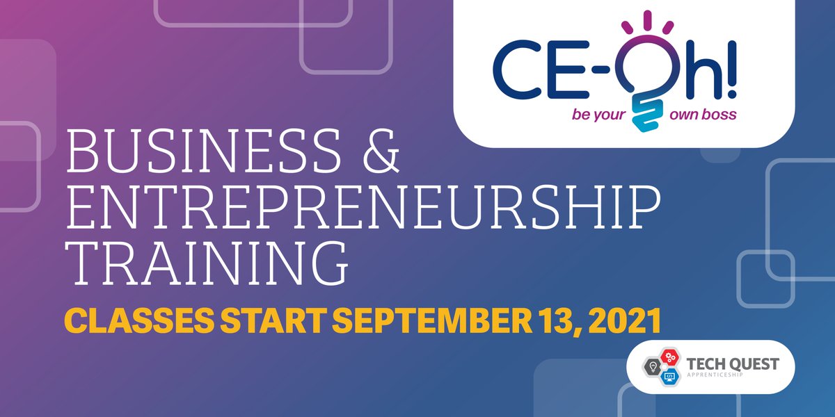 CUWorkGrants's tweet photo. Why CE-Oh!
* CE-Oh! will help you build your overall business skills and knowledge to start your own business OR thrive in professional environments.
* Participants can earn industry recognized certifications!
Learn more at https://t.co/FVfeNllTeR
#CEOh #TechQuest https://t.co/isSczTf0mO