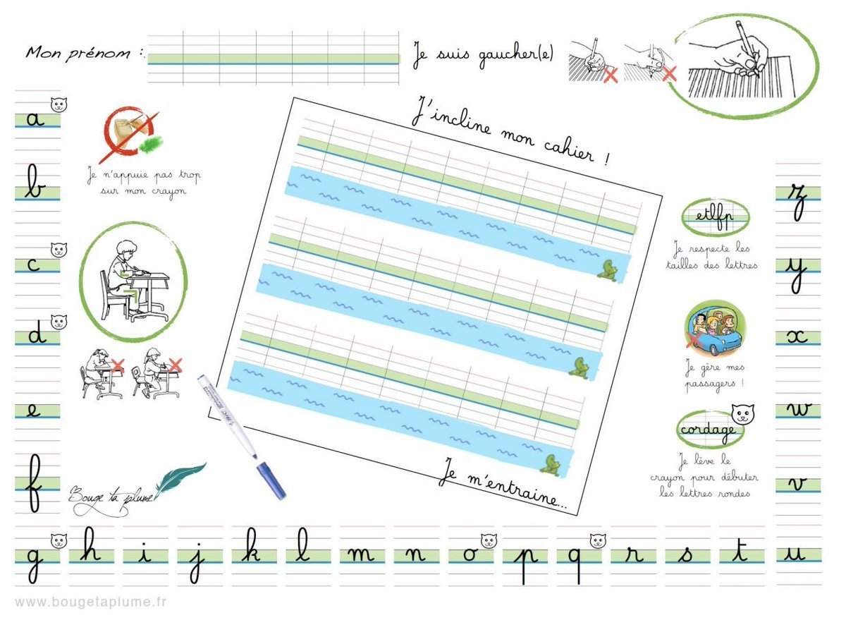 Des jolis sous-mains à télécharger gratuitement sur le site de Bouge ta plume ! ( bougetaplume.fr/documents-peda… ). Ci-dessous, celui destiné aux gauchers, pour qu'ils ne cassent pas le poignet :