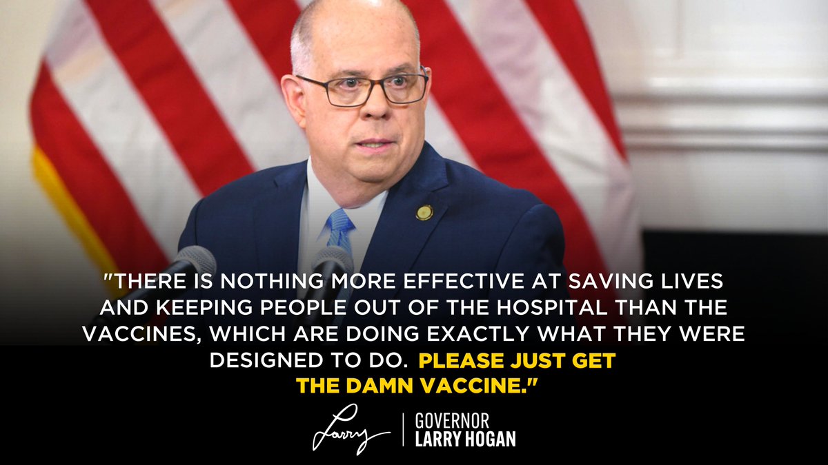 LarryHogan's tweet photo. Mask mandates or shutdowns will not be able to eradicate this virus or the delta variant. It doesn’t matter what misinformation or conspiracy theories you have heard, the plain and simple fact is that these vaccines work, and they can save your life.
Visit https://t.co/6WJeyFY7Jp https://t.co/xXiavd0FCQ