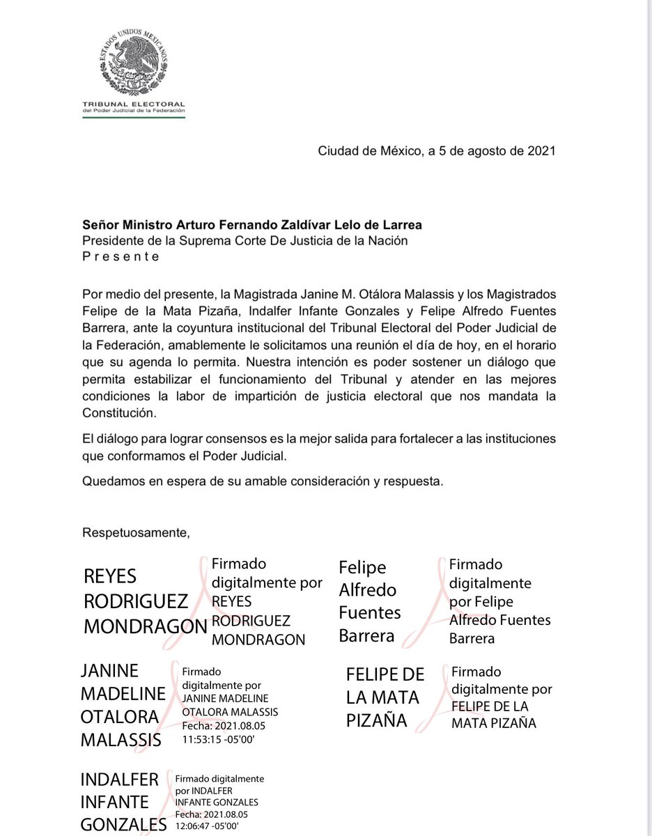 Ministro Presidente <a href="/ArturoZaldivarL/">Arturo Zaldívar</a> recibe y dialoga con Magistrados del TEPJF para buscar consensos y alternativas que den salida a la situación que prevalece en el máximo tribunal electoral del país
