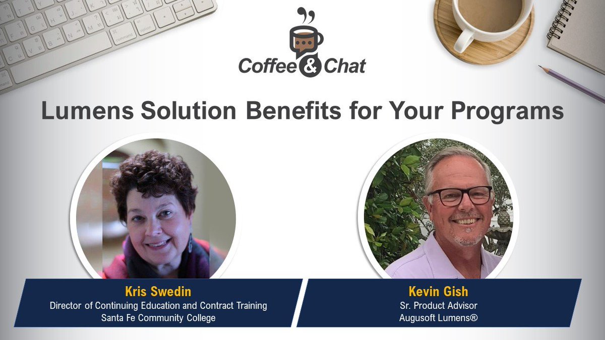 Join Kris Swedin, Director of Continuing Education &amp; Contract Training at <a href="/SFCCNM/">SFCC</a> and Kevin Gish, Sr. Product Advisor at Augusoft on Wednesday, August 18 at 11 a.m. CT for a virtual cup of coffee as they discuss the benefits of Lumens. Register now. hubs.li/H0TQ1J00