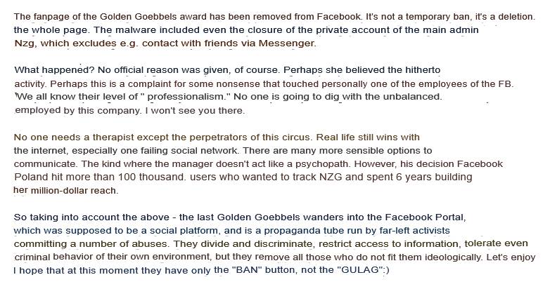 Dispropoganda's tweet photo. Dear Polish fans, this was a great Polish FB page with 120,000 followers which regularly debunked propaganda. It was taken down by Zuck today for literally no reason. Please retweet their tweet and give them a follow. The image is a google translate of their message. And fuck FB. https://t.co/5cgIxL4sNO