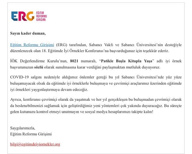 patik_patikk's tweet photo. Sakıp Sabancı Vakfı Eğitim Reformu Girişimi  ( ERG )  18. Eğitimde İyi Örnekler Konferansı’nda sunulmak üzere PATİK projemizin  “Patikle Başla Kitapla Yaşa” sloganıyla sözlü olarak sunulmasına karar verilmiştir .. https://t.co/BteH2vhBCR