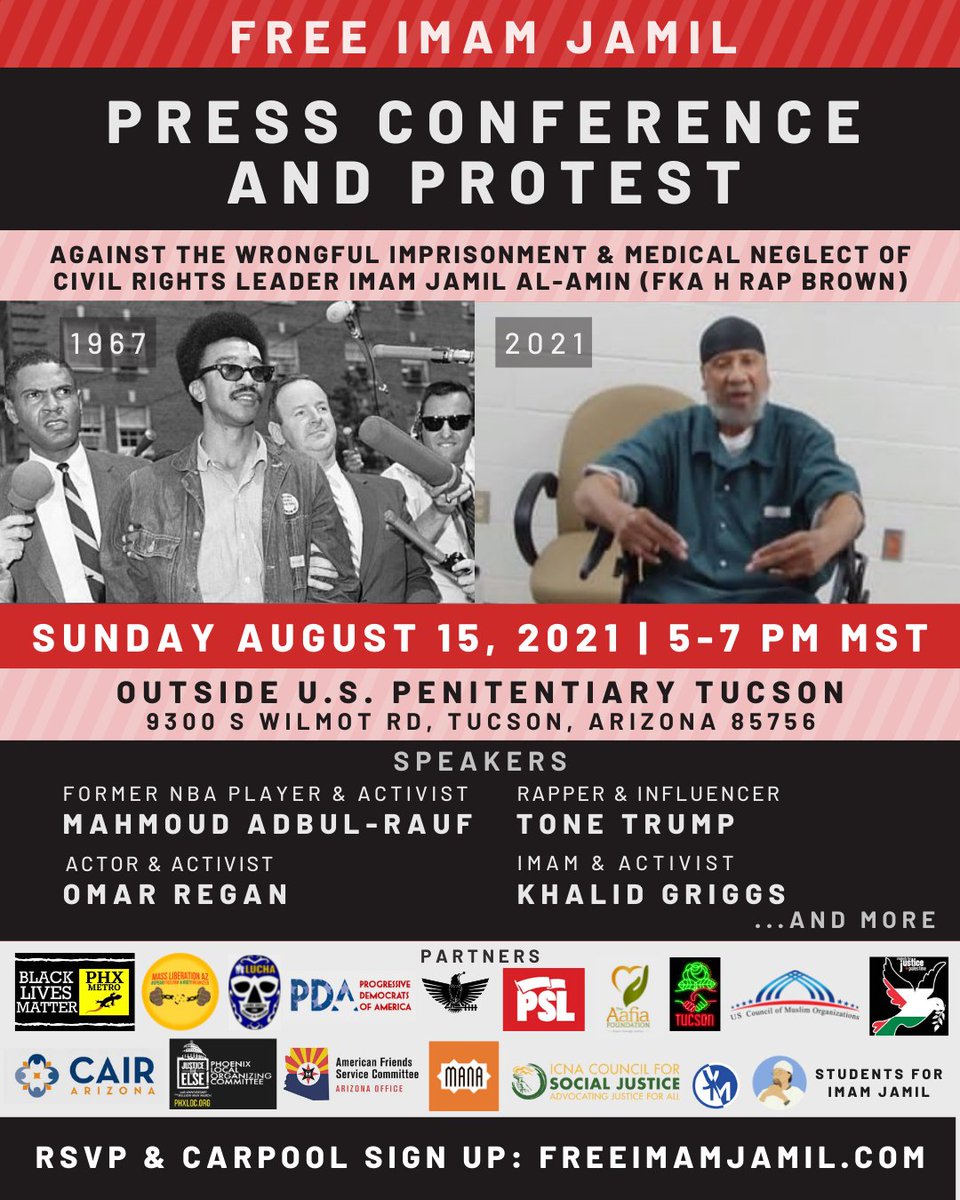 LUCHA_AZ's tweet photo. Join us at the Free Imam Jamil Press Conference &amp; Protest outside of his prison in Tucson, AZ 8/15!

Imam Jamil is now 77 years old and legally blind due to denial of cataract surgery for 3 years… 

We must fight for our leaders and demand justice for Imam Jamil NOW! https://t.co/sL1tG8NfYo