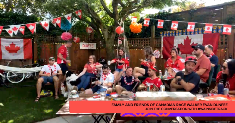 WorldAthletics's tweet photo. "Come on, Evan! Come on!" 

We got @EvanDunfee's 🇨🇦 family and friends live on #WAInsideTrack 🤗

Don't forget your maple leaf flag and cheer along with them 👇