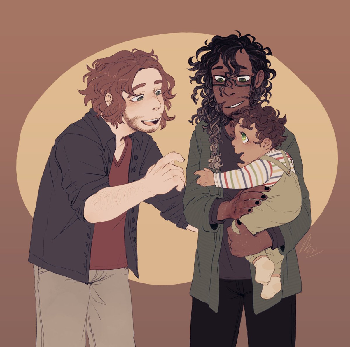 viscemoth's tweet photo. commission for @inevitabledeer of their jon and tim with their baby!!!! this was a really fun and sweet commission to do, thank you again!!! <33 https://t.co/9LwZMDCAqt