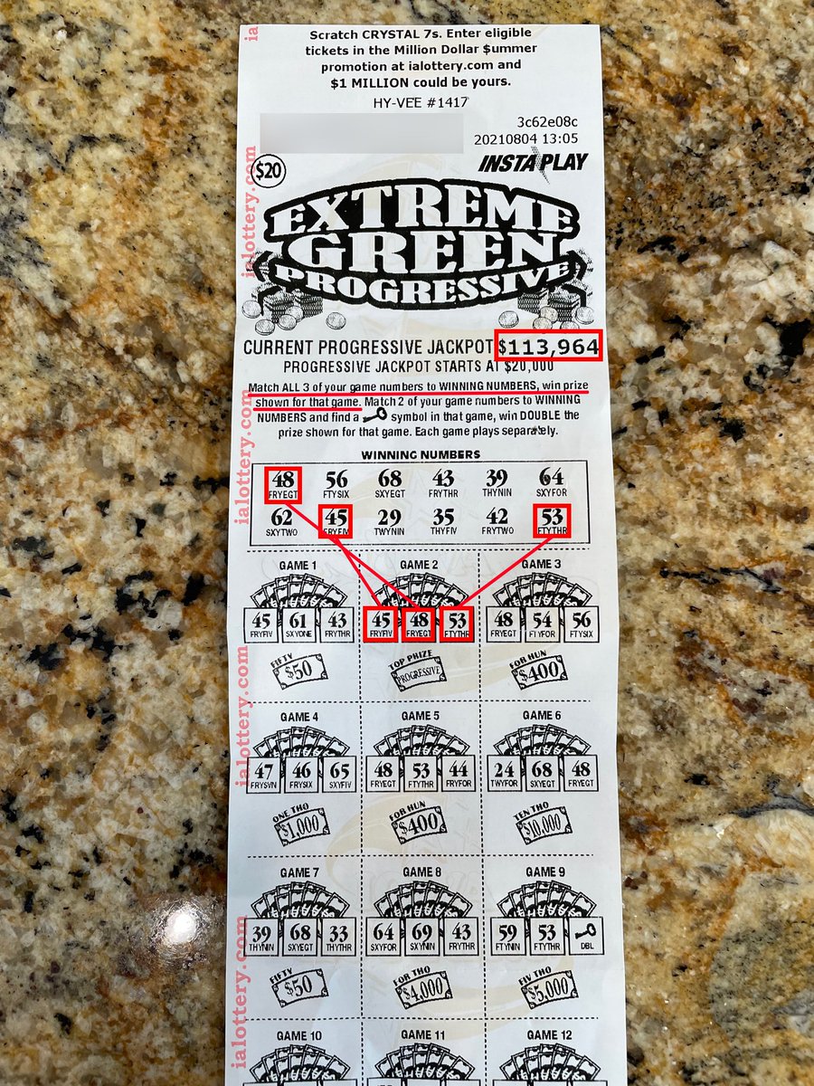 ialottery's tweet photo. Congrats to Janice Braby of #Maloy! She won an Extreme Green Progressive #InstaPlay jackpot prize of $113,964 on this ticket she bought @HyVee in #MountAyr! #WooHooForYou https://t.co/PgLcpGGAch