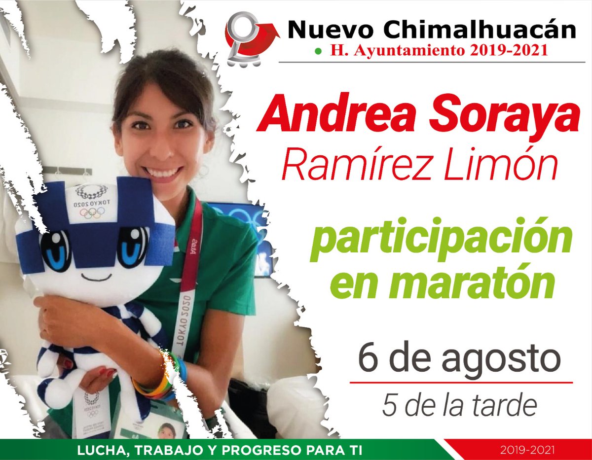 ChimalhuacanSi's tweet photo. #Recuerda | Mañana 6 de agosto a las 17:00 horas la atleta chimalhuacana Andrea Soraya Ramírez Limón participará en maratón en los juegos olímpicos de Tokyo 2020.

Apoyemos a nuestra representante y sintonicemos su participación desde los diferentes canales de comunicación. https://t.co/Kz3poBGrAg