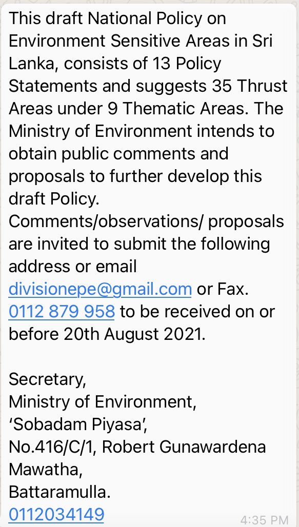 Draft National Policy on Environmentally Sensitive Areas in Sri Lanka: ➡️ env.gov.lk/web/index.php?…
@EFL_1981 @wnpssl @RainforestSL @SLYCANTrust @PearlProtectors @ButterflyCssl @lankaenvirofund