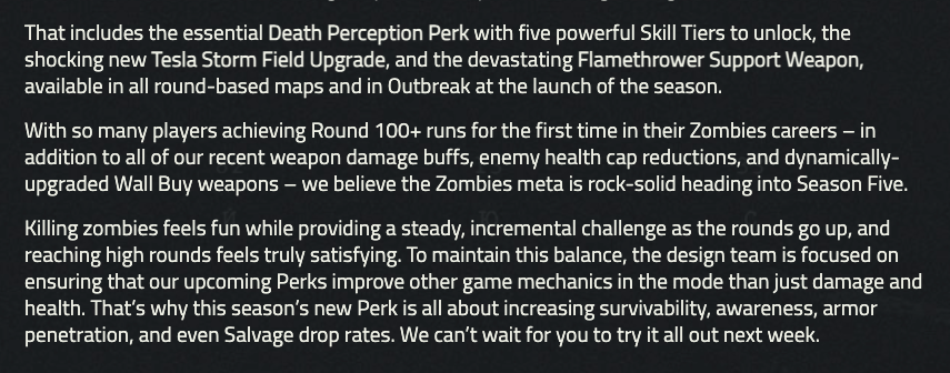 Treyarch's tweet photo. More details on the new upgradeable Perk, Field Upgrade, and Support Weapon coming to all round-based Zombies maps and Outbreak in Season Five:

https://t.co/XcCc2IZqkh https://t.co/IDOKb9FgJd