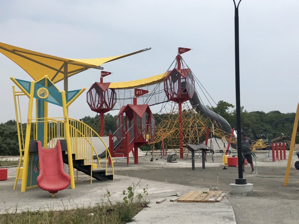 KCMOParks's tweet photo. The @15andMahomies Playground at #MLK Park is moving right along. We are excited for the opening on August 28th!! More>> https://t.co/KDoPdd0QDW #KCParks #WhereKCPlays https://t.co/8y3fTH9pr0
