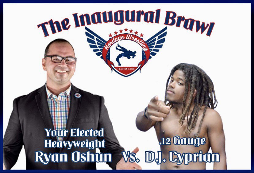 heritagewrest's tweet photo. MATCH ANNOUNCEMENT:

On Saturday night, August 14th, “Your Elected Heavyweight” @RyanOshun takes his campaign against Cruiserweights to Heritage Wrestling, as he’ll face “.12 Gauge” @DJCyprian1 at the #InauguralBrawl!

Tickets on sale NOW at https://t.co/SGV87Y1HI1 ! https://t.co/lA5ledAfuN
