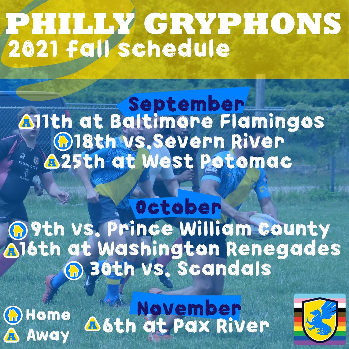 yo, our fall 2021 schedule is out! come support your favorite inclusive rugby team in philly! can't wait to see you out there!

#PhillyGryphons #GryphonsRugby #IGRRugby #IGR #inclusiveRugby #Gryphons #Rugby #RugbyLife #RugbyClub #USARugby #RugbyFamily #GrowtheGame #RugbyPlayer