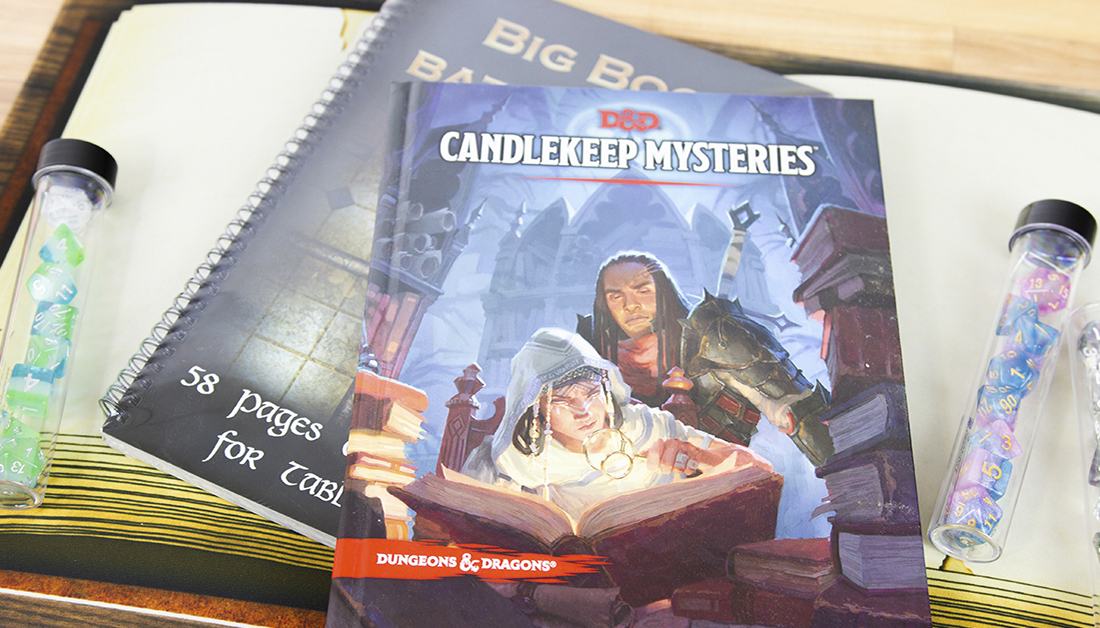 We don't begin a new campaign without getting a little inspiration first. What about you?

Books: D&D Candlekeep Mysteries, Big Book of Battle Mats
Dice Sets: Black Cloud, Baby Gummies, Blue Hawaiian by Sirius
Playmat: Open Spellbook by Thomas Vela