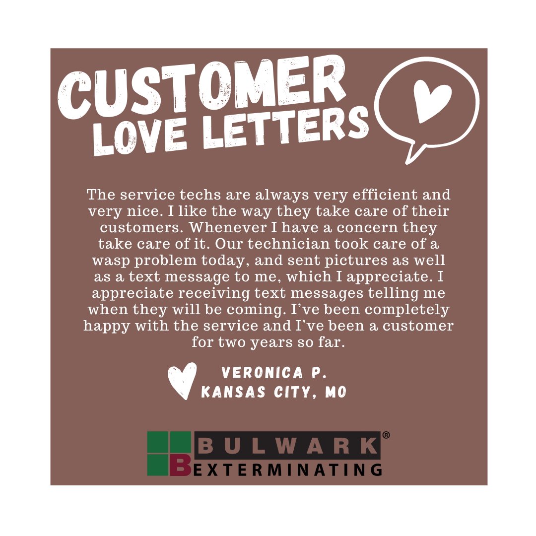 If you're ready to ensure that your home becomes bug free and protected by the best, give us a call! 📞 (844) 415-2314 - Ask about our Instagram special for a discount on your initial service!

#bulwarkexterminating #bugfreeandhappy #loveletter #customer