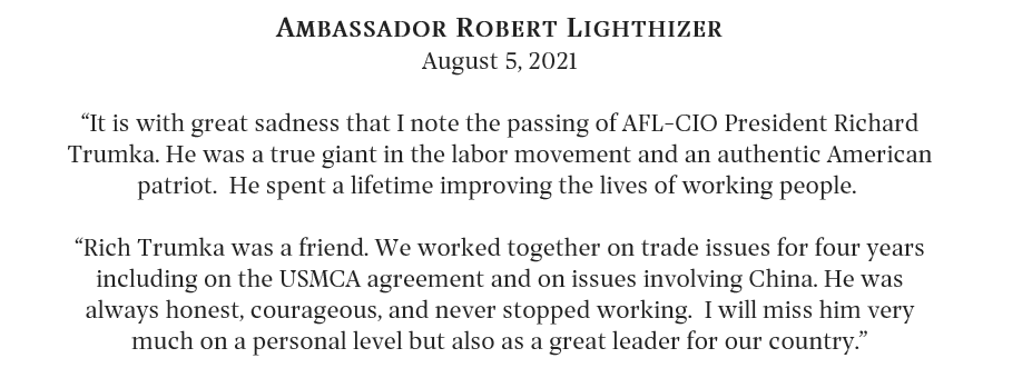 oren_cass's tweet photo. Amb. Robert Lighthizer, who we are proud to have serve on the @AmerCompass board, asked that I share this statement from him on the passing of Richard Trumka:

"It is with great sadness that I note the passing of AFL-CIO President Richard Trumka..." (1/3) https://t.co/kIlxblC4l4