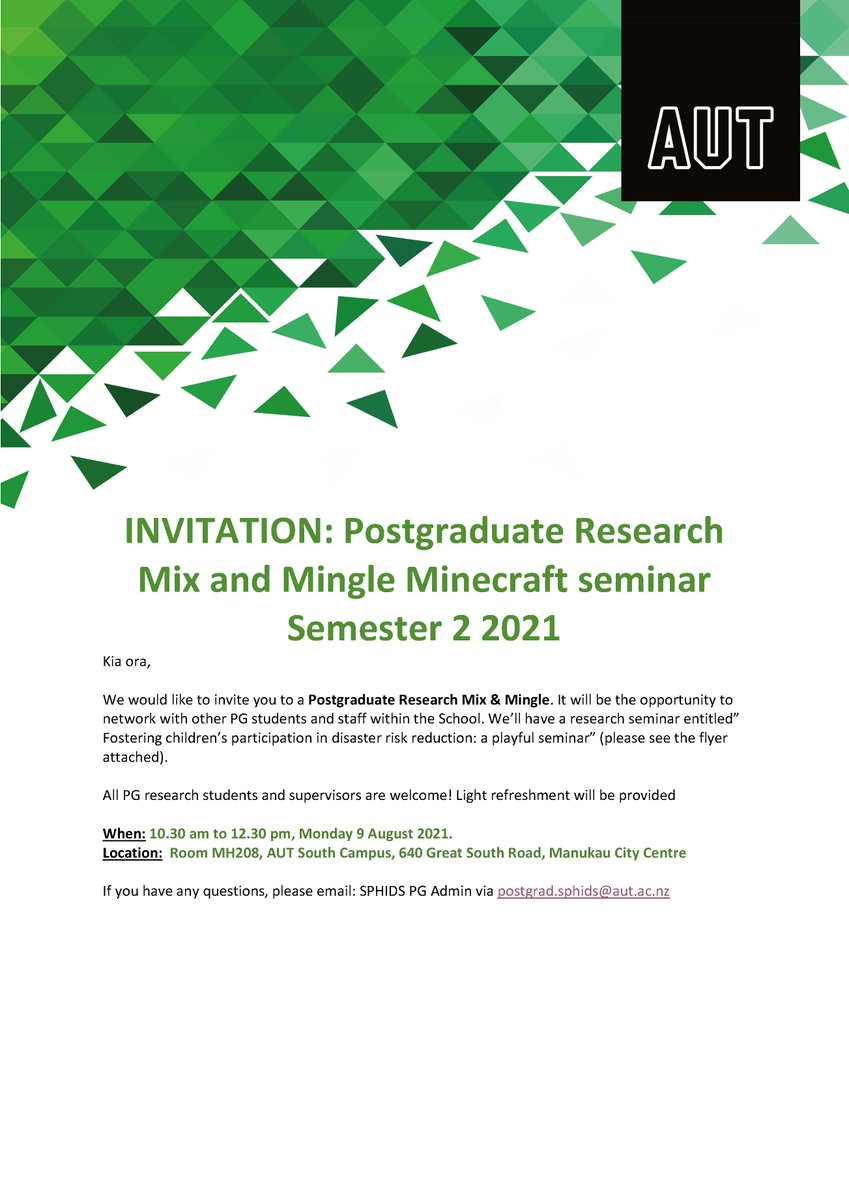 autsphids's tweet photo. 🤩You are invited🤩Come to join our Postgraduate Research Mix &amp; Mingle in School of Public Health and Interdisciplinary Studies AUT. It will be held from 10.30am-12pm Mon 9 Aug 2021. Room MH208, AUT South Campus. See you later🙌#AUTSPHIDS #AUTUNI https://t.co/EyM1ofWB8H