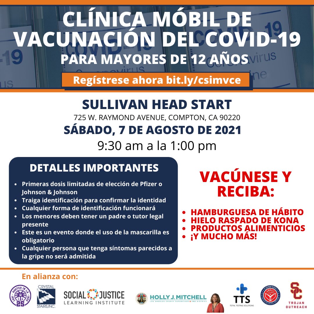 Happening Tomorrow!  Let’s get South LA Vaccinated! 
#MobileVax #VaxSouthLA #ProtectLA
<a href="/CrystalStairsLA/">Crystal Stairs, Inc.</a>
<a href="/HollyJMitchell/">Holly J. Mitchell</a>
<a href="/SJLI_CA/">Social Justice Learning Institute</a>
<a href="/ComptonUnified/">Compton Unified</a>
<a href="/USC/">USC</a>
<a href="/LASparks/">Los Angeles Sparks</a>