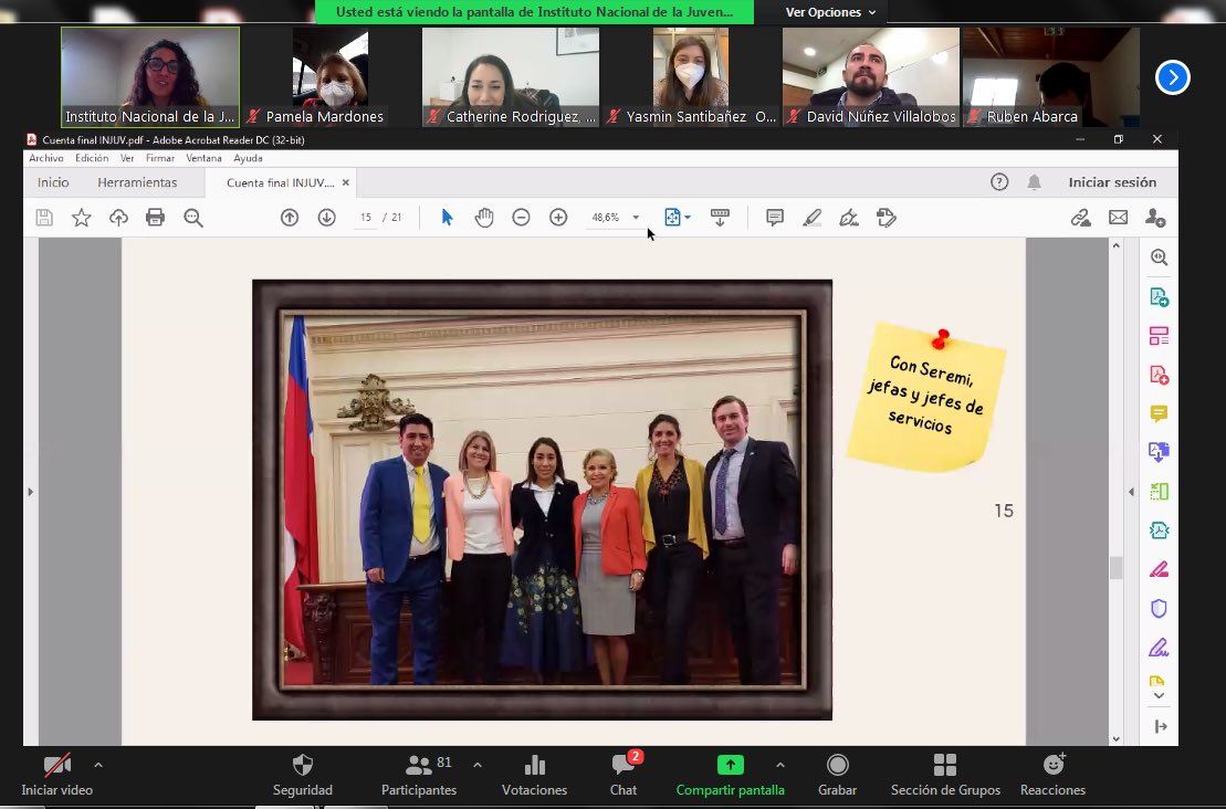 Hoy en Encuentro Regional revisamos la gestión de nuestra DR <a href="/MariaCekalovic/">María Cekalovic</a> y equipo <a href="/injuvrm/">INJUV Región Metropolitana</a> durante el 2018-2021. En esta instancia participaron más de 80 personas; Seremi @MDSSantiago, Directores, representantes de ONGs, DAEs, OMJs y org. con quienes trabajamos en conjunto ✅