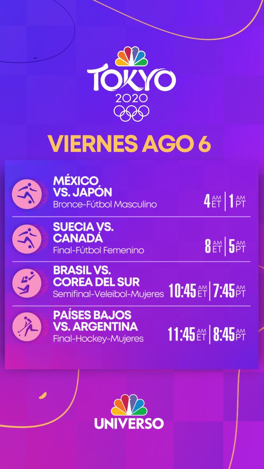 Telemundo Deportes Public Relations on X: ⏰ Early morning folks, get set  for our @Olympics live coverage @AnaJurka @Miguel_Gurwitz Friday games  promise💯excitement! #Finals #semifinals #Athletics #Hockey #Socer #Diving  #Volleyball Watch on: 📺 @