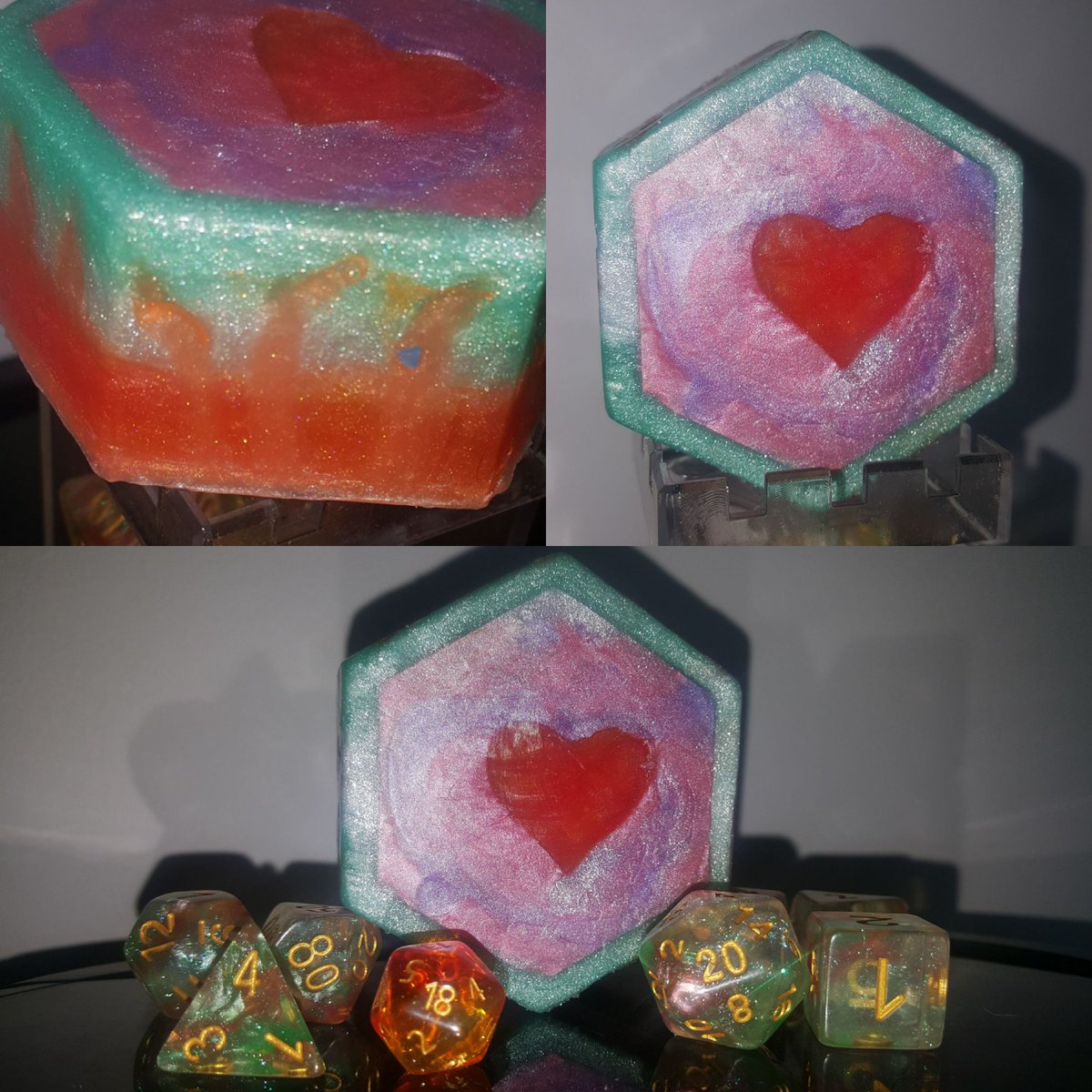 savingthrowsuds's tweet image. Reveal #2! Inspired by the lovely wildfire druid Fearne (played by @TheVulcanSalute) and her little Mister! A fiery heart in a swirl of pink, purple &amp;amp; white encased by mint green w/ fire licking up the sides. Scented w/ floral notes &amp;amp; fire for the heart. #ExandriaUnlimitedFanart