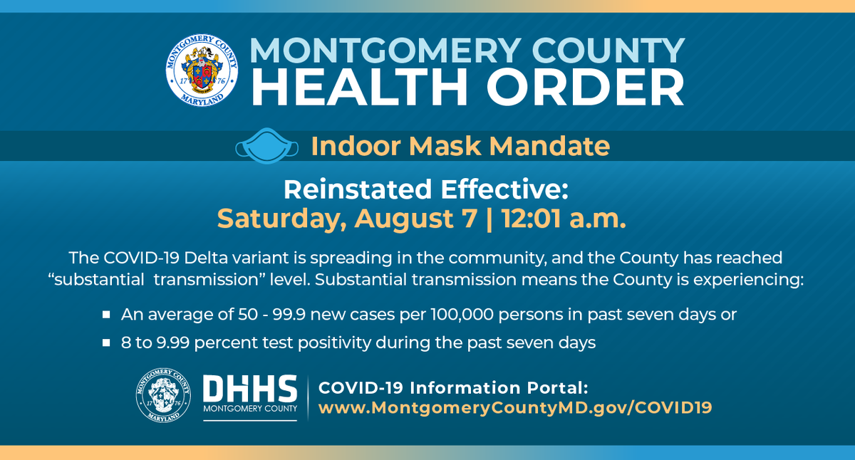 🆕 An indoor mask mandate goes into effect on Saturday, Aug. 7 in Montgomery County. 
📰 ➡ buff.ly/3fAziLQ. 
💻 ➡ buff.ly/2Vt8Qx1.
📝 ➡ buff.ly/3AdRpPD.
<a href="/MoCoDHHS/">Montgomery County DHHS</a> <a href="/ReadyMontgomery/">Montgomery Co. MD OEMHS</a> <a href="/MontCoExec/">Montgomery County, MD - County Exec Marc Elrich</a> <a href="/MoCoCouncilMD/">Montgomery Council</a>