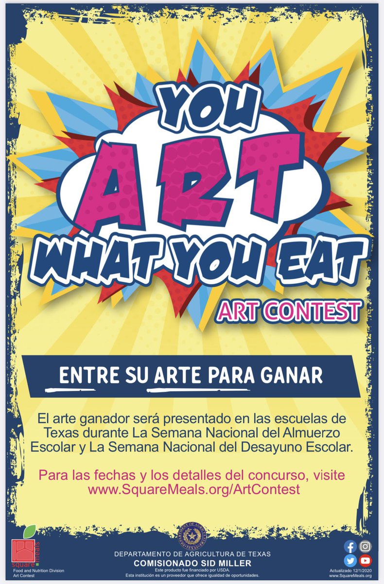 ECISDcafe's tweet photo. Feeling artsy? Texas Department of Agriculture is hosting a statewide art contest for students K-12! Use your imagination and illustrate “You are what you eat” healthy school meals! Visit https://t.co/Ta5OGR7mgF for guidelines and submission packet! @ECISDtweets #ECProud https://t.co/zahD01kQwq