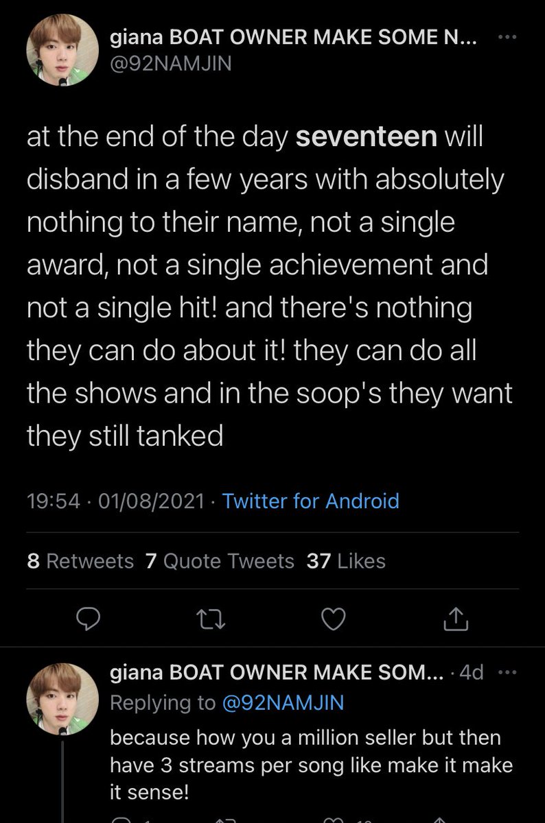 svt_carat_4life's tweet image. nah because seventeen are living their lives and giana is foaming at the mouth 😭