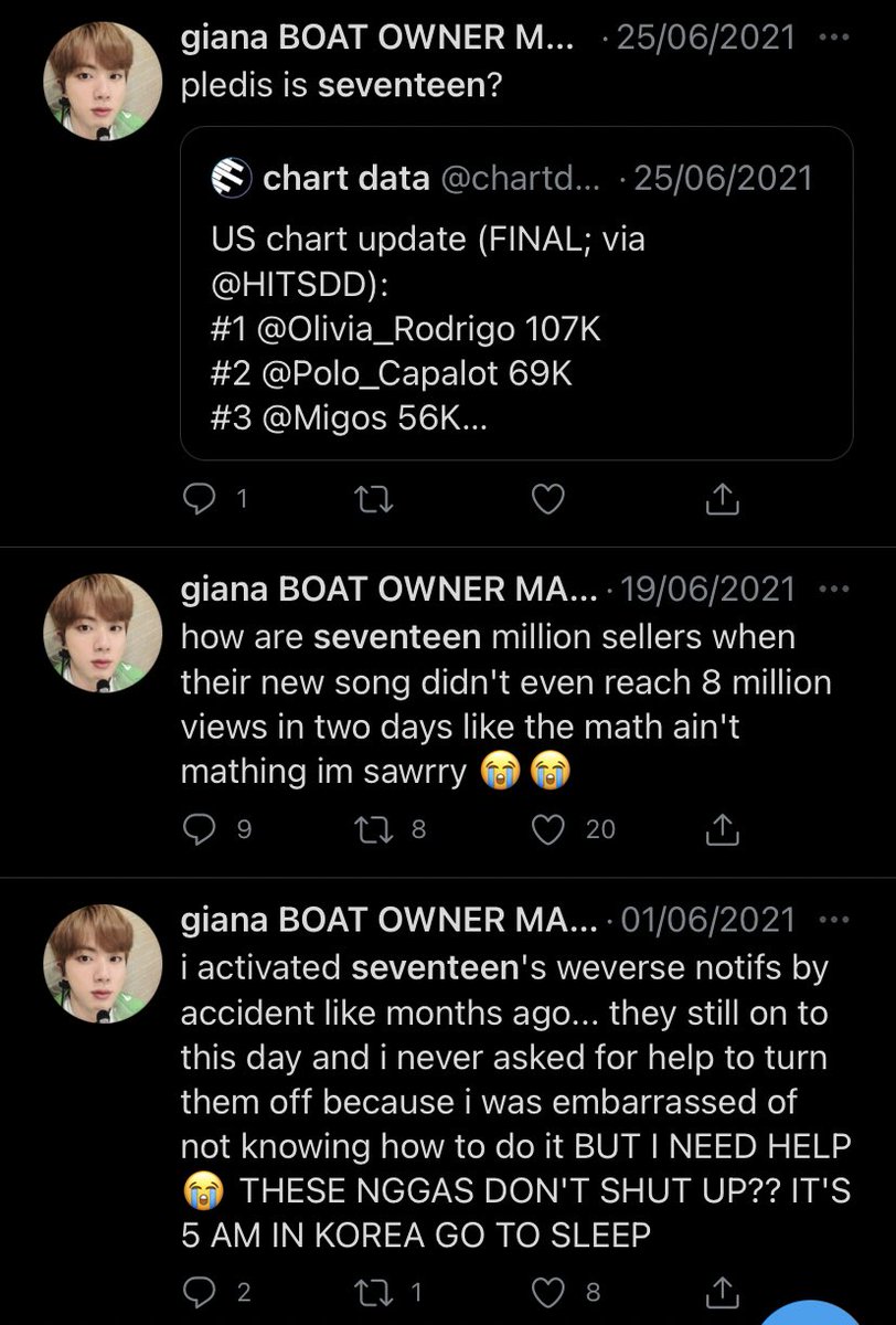 svt_carat_4life's tweet image. nah because seventeen are living their lives and giana is foaming at the mouth 😭