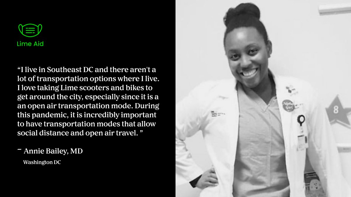 limebike's tweet photo. Meet #LimeAid rider Annie Bailey MD from Washington DC. From going to and from long shifts at the hospital to riding around the city, "I love that Lime offers its essential worker program and keeps people like me in mind." https://t.co/kyjJ4uFOjX