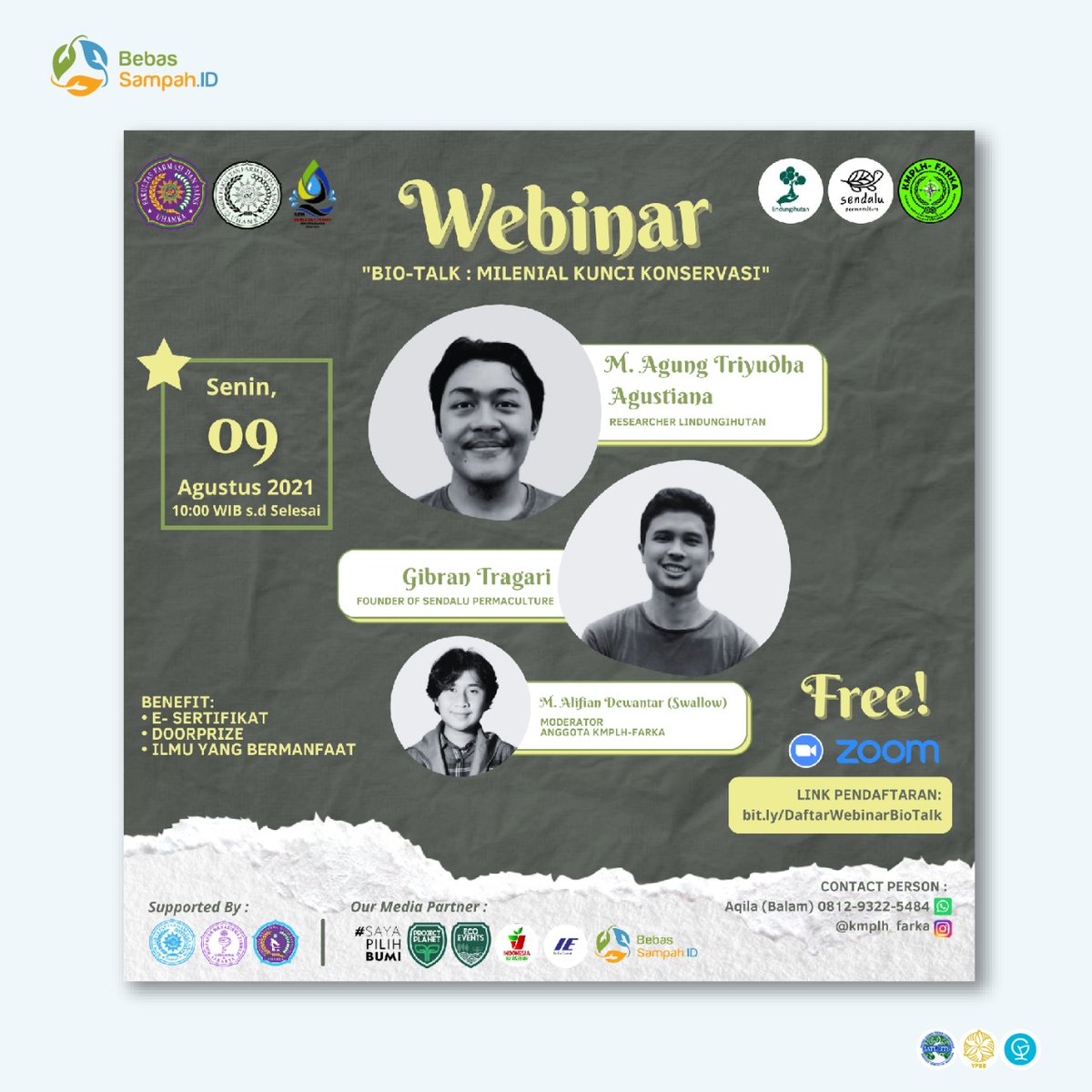 BebasSampahID's tweet image. [BIO-TALK: MILLENIAL KUNCI KONSERVASI]

Pegiat Persampahan, ada acara menarik buat kamu, nih!
Yuk, catat tanggalnya dan jangan lupa daftar via bit.ly/DaftarWebinarB… ya!

#IndonesiaBebasSampah
#BebasSampahID
#ProgramGF
#Dari2021untuk2025
#ZeroWaste
#MulaiDariGenggamanmu
#MedPar