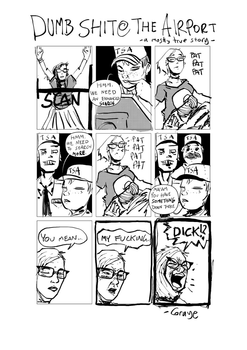 EnbyPlastic's tweet photo. Dumb Shit at the Airport - a mostly true story @TSA #FlyingWhileTrans https://t.co/63PUEcrmjG