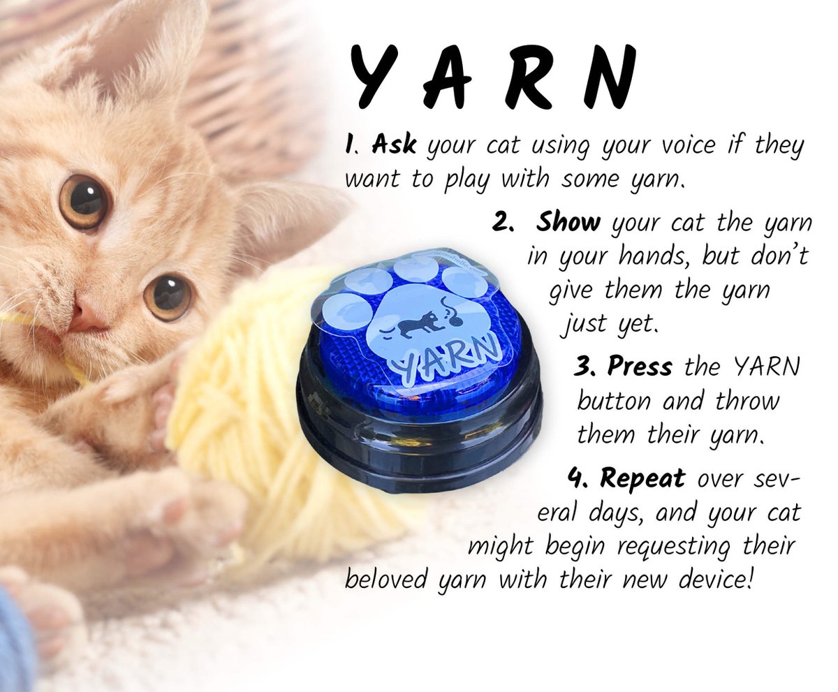 woof_hello's tweet photo. When it comes to first words for your cat, we love the word YARN. Like TREAT, YARN is a word representing something your cat loves. However, the YARN button is far less likely to be abused 😅 https://t.co/19zDuoJlYx https://t.co/lWDyeM7oin