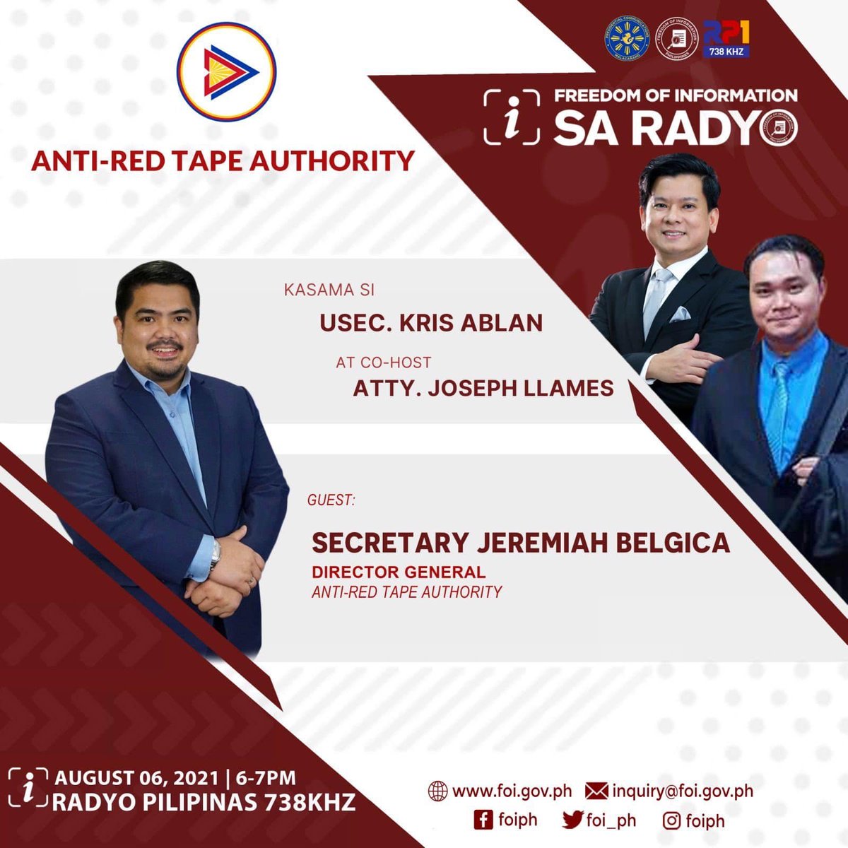 foi_ph's tweet photo. !! MAMAYA SA FOI SA RADYO !!
Kilalanin natin ang Anti-Red Tape Authority @ARTAgovph, ang ahensyang layuning wakasan ang mga sagabal na proseso at sistema sa gobyerno.
#FOISaRadyo
#TransparencyToTrust
#BilibAkoSaFOI
#TransparencyLegacy https://t.co/rrHvItVsI4