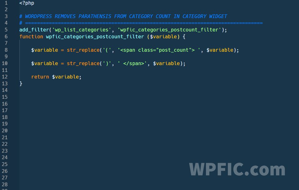 wp_fic's tweet photo. How to remove parenthesis (brackets) from category count in WordPress category widget. 

Copy this snippet:
https://t.co/JA2UzwWQfp

#wordpresscategory #wpcategory #wplistcategories #wordpress #wordpressdeveloper #wordpresstips #wordpresssnippet #wordpressdesign #wordpresstheme https://t.co/I1DWn0XWEC