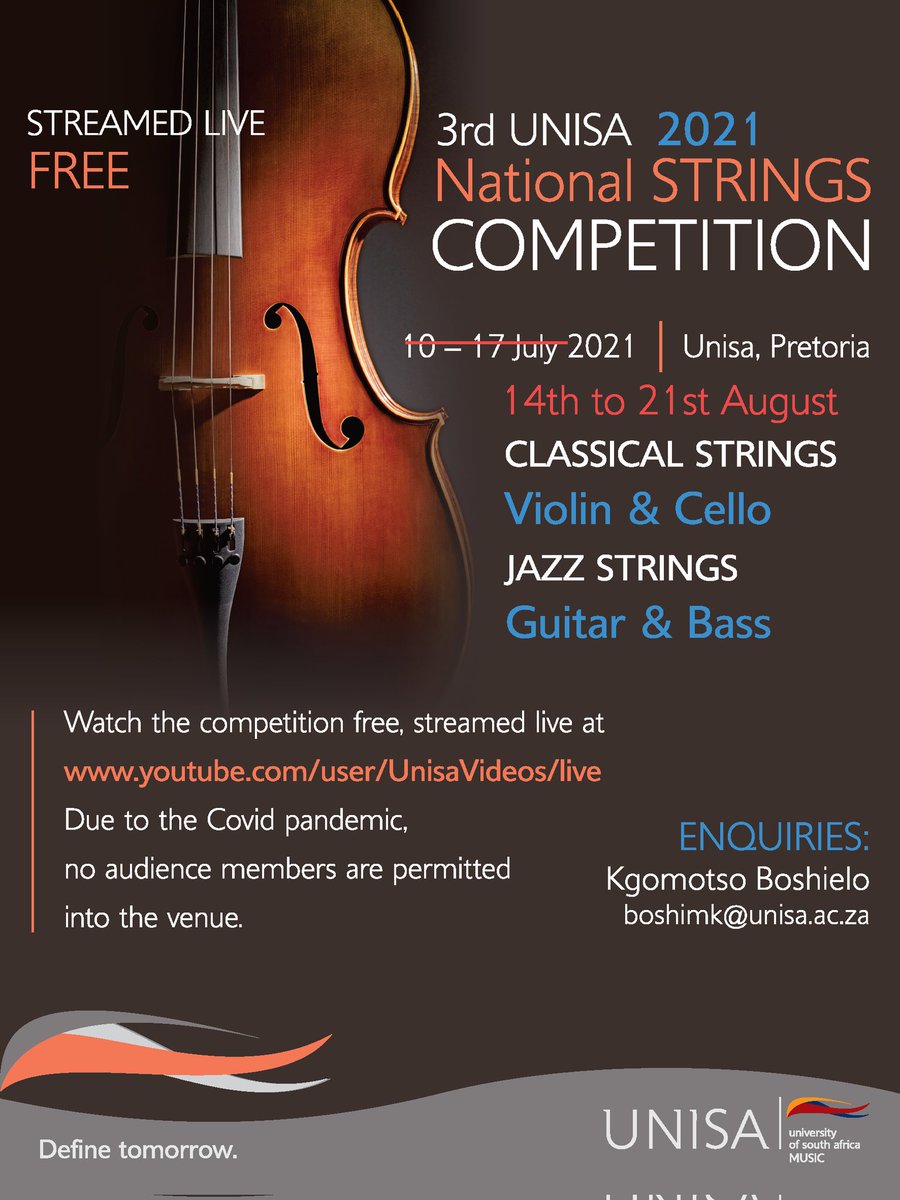 unisamusicfound's tweet photo. Follow the below link and tune in to our 3rd UNISA National Strings Competition which will be streamed live on youtube...

https://t.co/yzymggUuEk

#UNISA
#Classic
#classicalviolin
#classicalcello
#jazz
#jazzguitar
#jazzbass
#unisamusiccompetitions
#unisastringscomp2021 https://t.co/QtHYJ8LtAJ