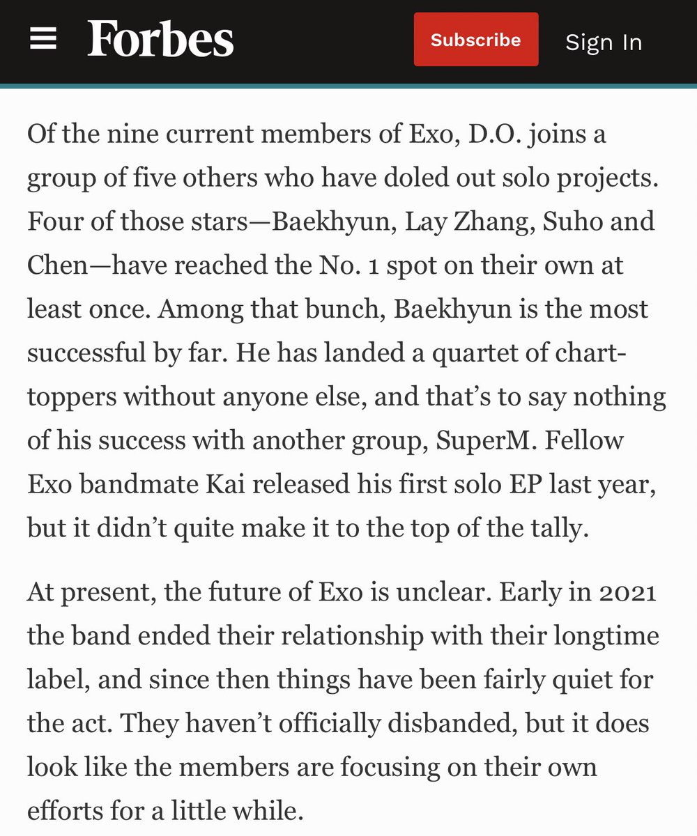 oshcuddles's tweet photo. How can Forbes approved this article? The title is about Kyungsoo debut but they made these unprofessional statements? All EXO solo debuts were successful and Kai actually made a chart topping debut 🙂 https://t.co/AAB0792Z6P