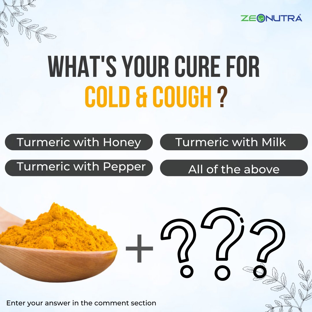 zeonutra's tweet photo. Choose a combination which you prefer for cold & cough. Enter your answer in the comment section.. What suits you with Turmeric…?🤔🤔
!! TRY #ZeoTUM Capsules with the goodness of black pepper and turmeric !!
BUY NOW - https://t.co/V3UoT4vZ0h
#QUIZTIME #HealthForAll #Zeonutra https://t.co/aBelNNtxPK