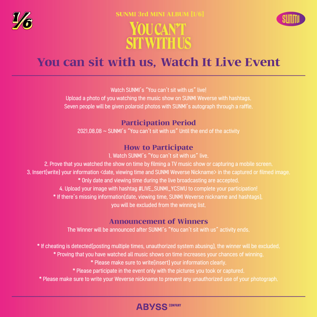 [EVENT]
⠀
💿 선미 (SUNMI) 안방 1열 You can sit with us 이벤트 안내

참여 기간
📍 2021.08.08 ~ 2021.08.22 11:59PM (KST)

🔗 webview.weverse.io/share/communit…
⠀
#선미 #SUNMI 
#You_cant_sit_with_us⠀
#SUNMI_ONE_SIXTH